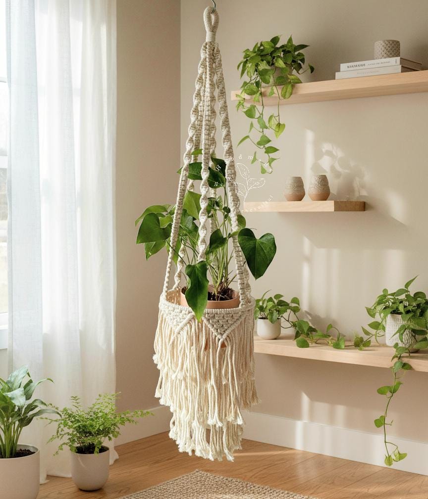 Large Macrame Plant Hanger With Fringe Indoor Plant Hanger Large Hanging Planter Wall Planters Plant Lover Gift Bohemian Home Decor