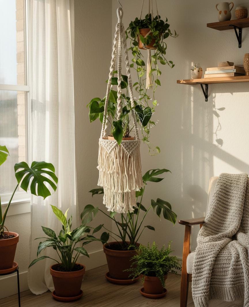 Large Macrame Plant Hanger With Fringe Indoor Plant Hanger Large Hanging Planter Wall Planters Plant Lover Gift Bohemian Home Decor