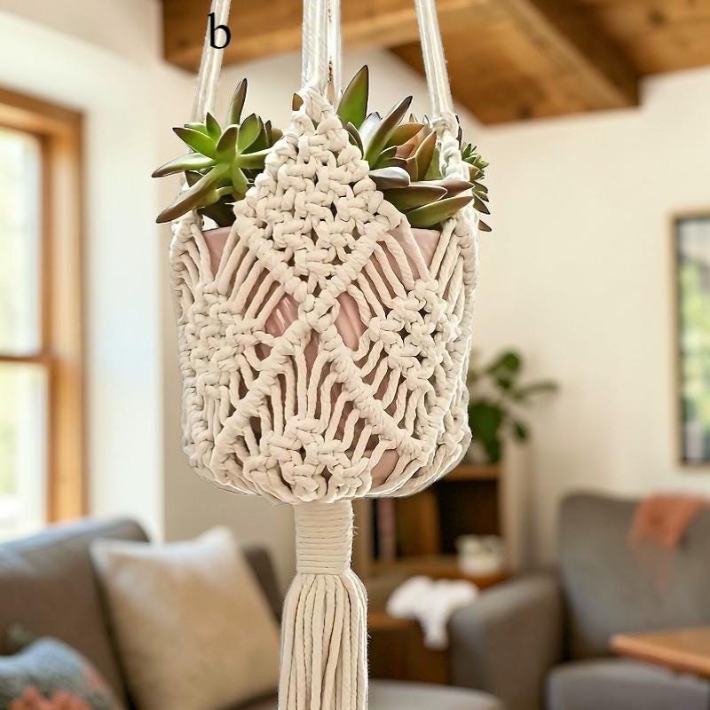 Boho Macrame Plant Hanger, Woven Cotton Rope Hanging Basket For Succulents