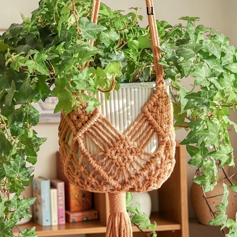 Boho Macrame Plant Hanger, Woven Cotton Rope Hanging Basket For Succulents