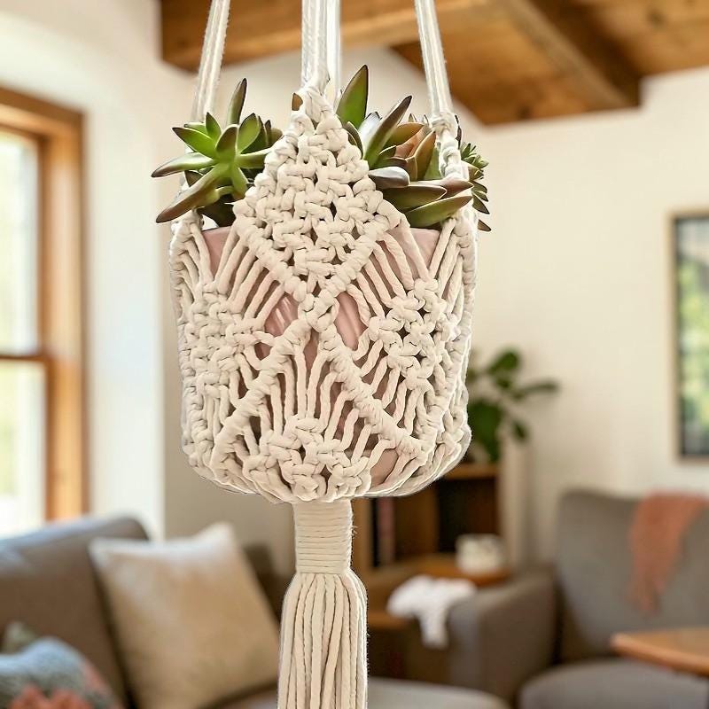 Boho Macrame Plant Hanger, Woven Cotton Rope Hanging Basket For Succulents