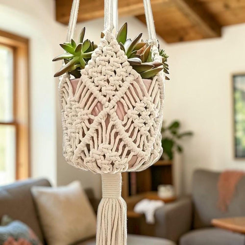 Boho Macrame Plant Hanger, Woven Cotton Rope Hanging Basket For Succulents