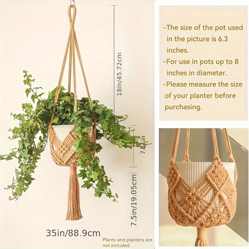 Boho Macrame Plant Hanger, Woven Cotton Rope Hanging Basket For Succulents
