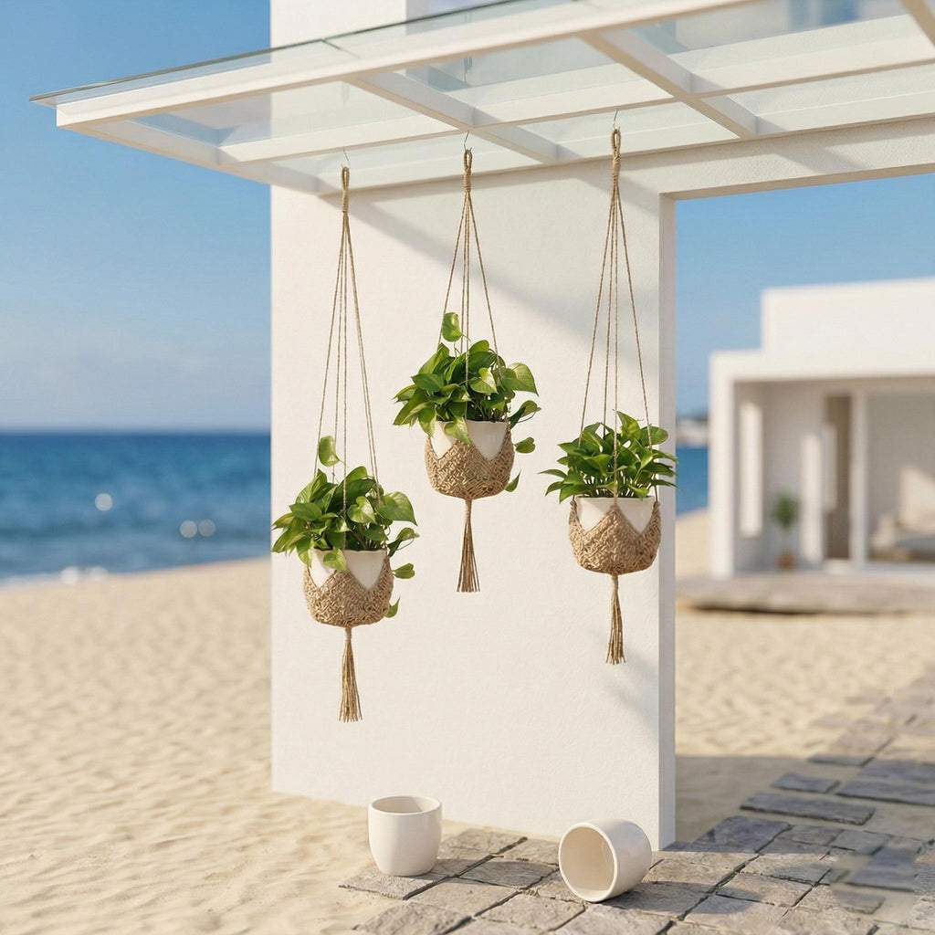 Handcrafted Boho Jute Plant Hangers, Set Of 2 Wall Hanging Baskets With S Hooks, Macrame Planter Holder