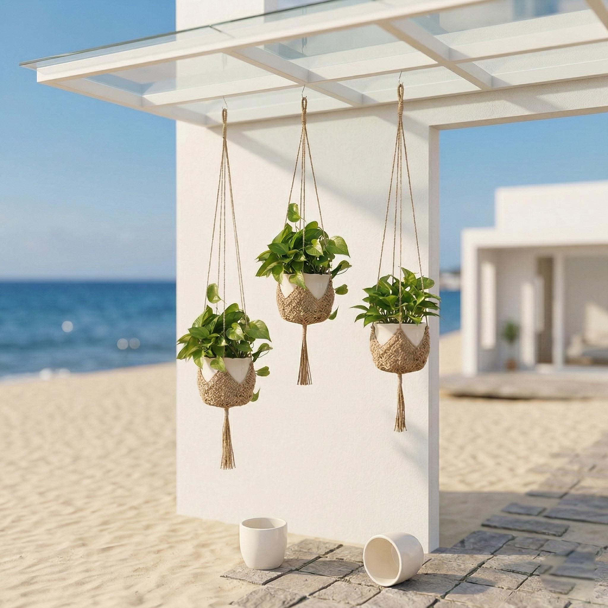 Handcrafted Boho Jute Plant Hangers, Set Of 2 Wall Hanging Baskets With S Hooks, Macrame Planter Holder