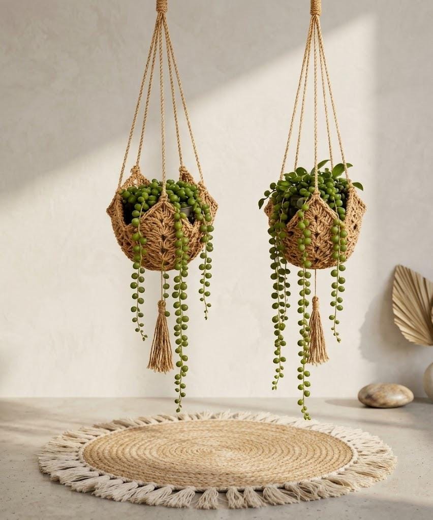 Handmade Boho Macrame Plant Hangers 2 Pack, Jute Hanging Planters With S Hooks, Woven Flower Pot Holders For Indoor & Outdoor Bohemian Home