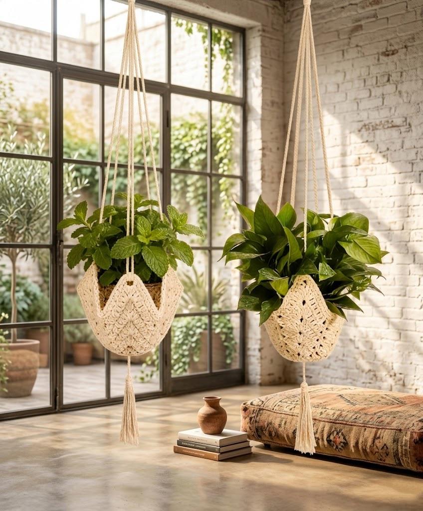Handmade Boho Macrame Plant Hangers 2 Pack, Jute Hanging Planters With S Hooks, Woven Flower Pot Holders For Indoor & Outdoor Bohemian Home